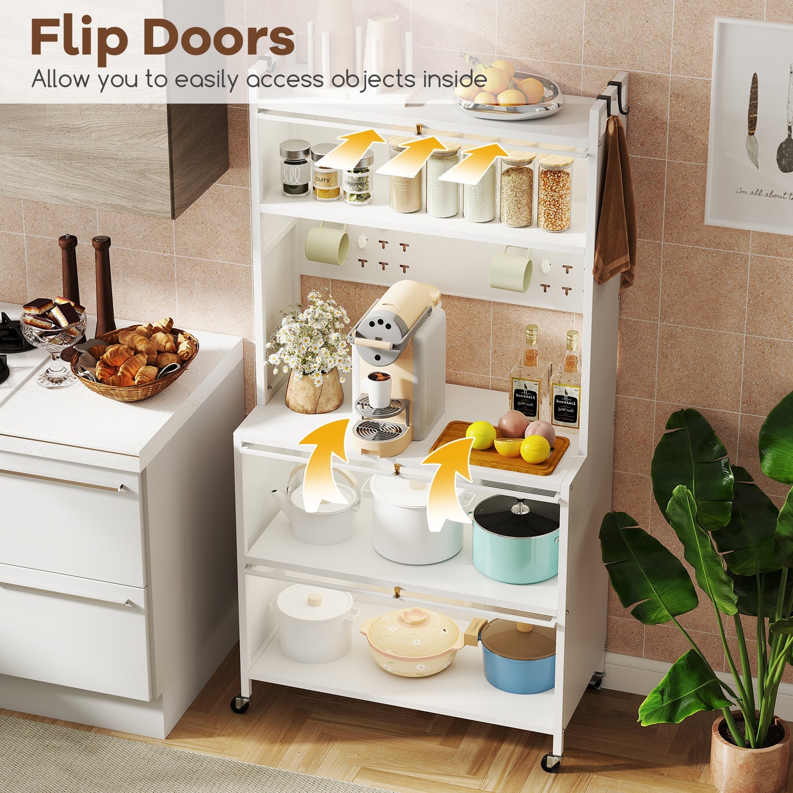 5 Tier Kitchen Bakers Rack with Lights Multifunctional Microwave Stand with Flip Door Cabinets-White