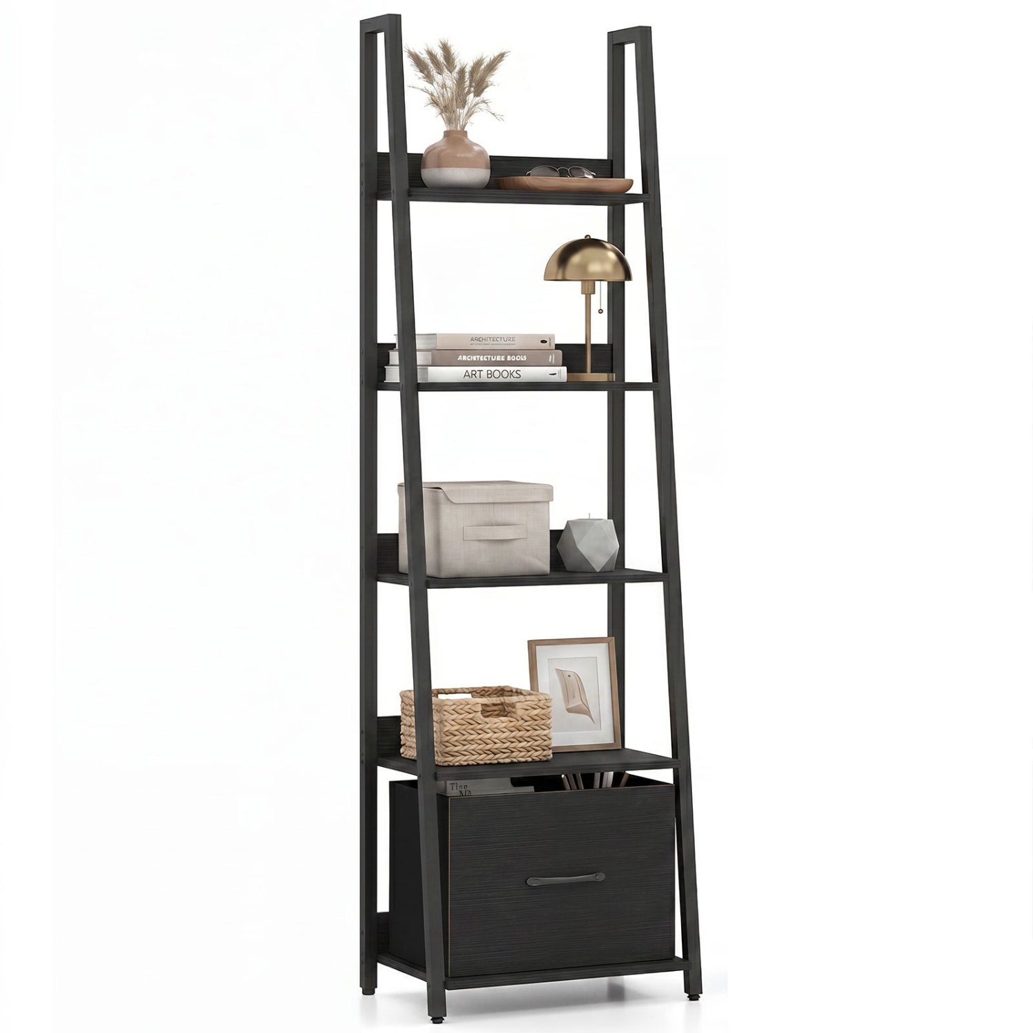 5-Tier Ladder Bookshelf with Fabric Drawer