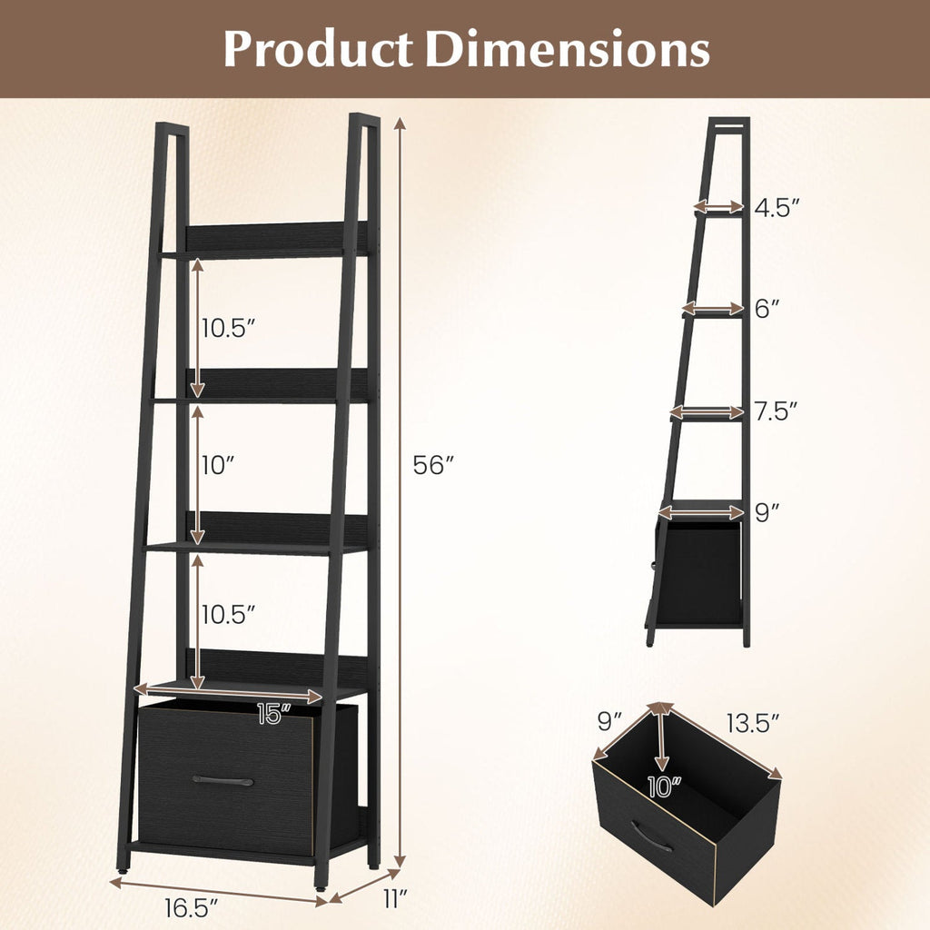 5-Tier Ladder Bookshelf with Fabric Drawer