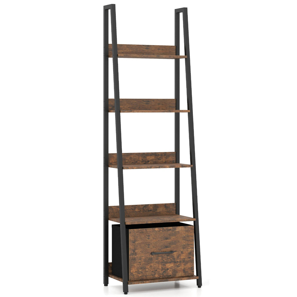5-Tier Ladder Bookshelf with Fabric Drawer