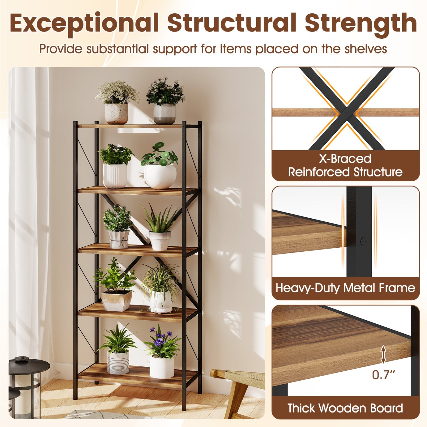 5-Tier Bookshelf with Heavy-Duty Metal Frame