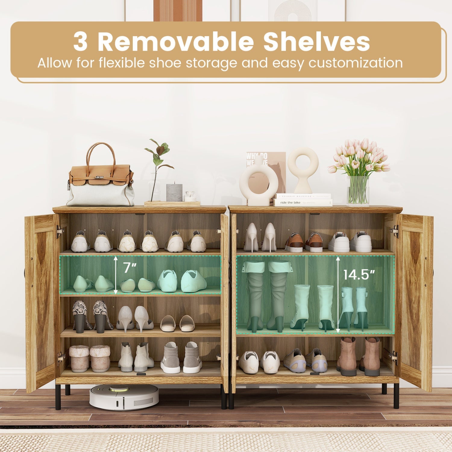 5-Tier Wooden Farmhouse Shoe Cabinet with Woven Rattan Doors