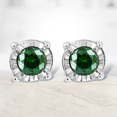 Sterling Silver Rose Cut Treated Green Diamond Solitaire Stud Earrings (0.25 cttw, Green Color, I2-I3 Clarity)