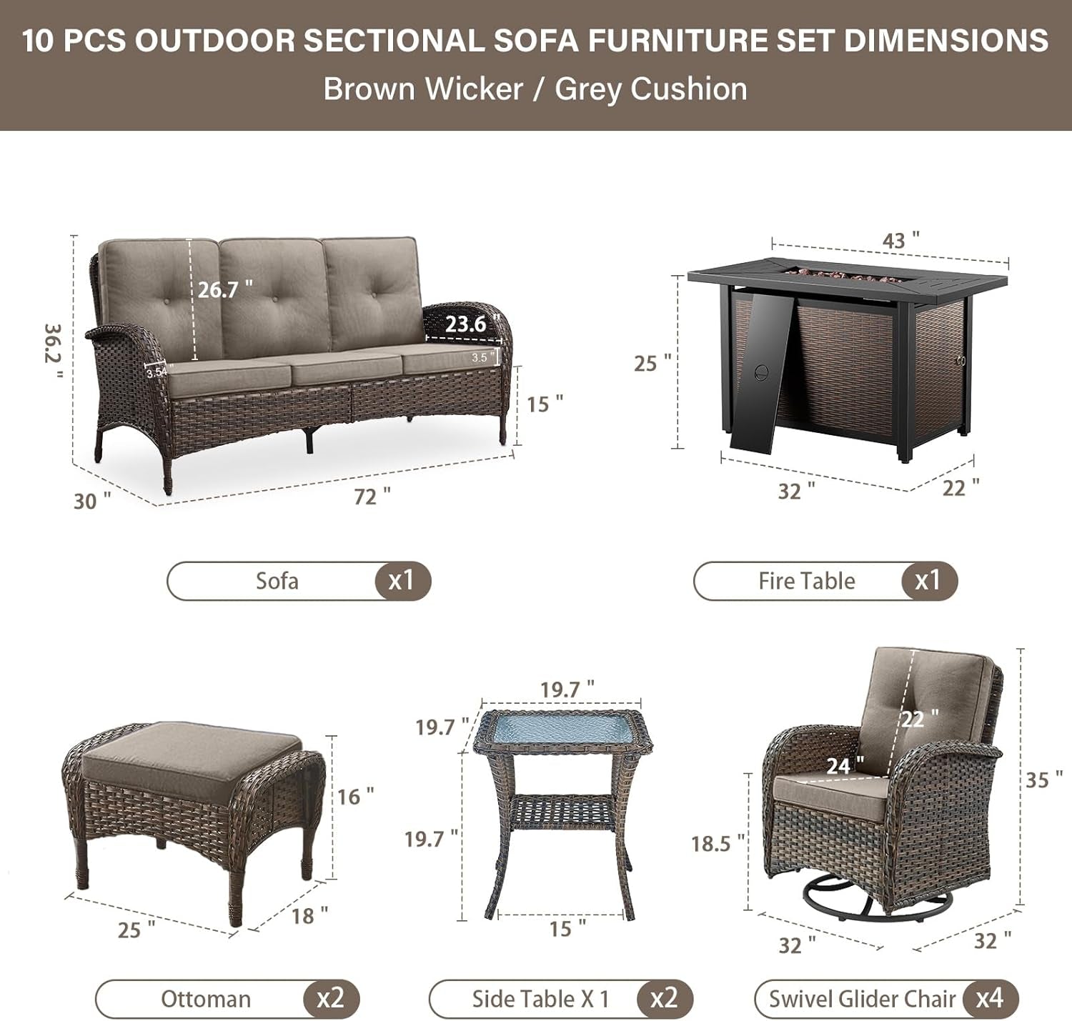 Outdoor Patio Furniture Set With 43In Fire Pit Table Brown