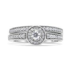.925 Sterling Silver 1/2 Ctw Diamond Halo and Milgrain Engagement Ring Bridal Set (I-J Color, I3 Clarity) - Ring Size 7