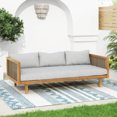 Claremont 3-Seater Daybed with Rattan Arms, Light Grey Cushion, Acacia Wood Frame
