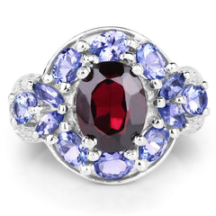 4.20 Carat Genuine Garnet, Tanzanite & White Topaz .925 Sterling Silver Ring