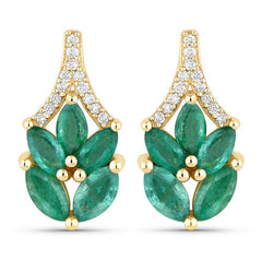 0.91 Carat Genuine Zambian Emerald and White Diamond 14K Yellow Gold Earrings