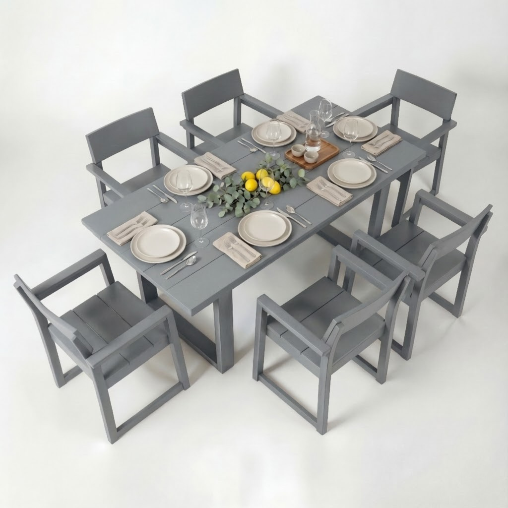 7-Piece HDPE Outdoor Dining Set for 6 – Weather-Resistant Patio Table with Umbrella Hole (Grey)