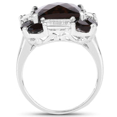 7.43 Carat Genuine Smoky Quartz & White Topaz .925 Sterling Silver Ring