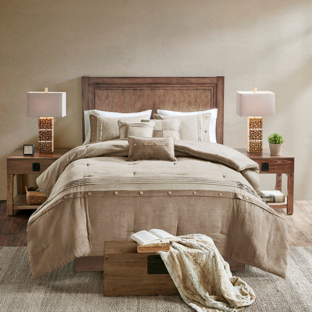 7 Piece Faux Suede Comforter Set Tan Cal King