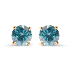14K Yellow Gold 1.0 Cttw Treated Aqua Blue Diamond Classic Solitaire Stud Earrings (Aqua Blue Color, I2-I3 Clarity)