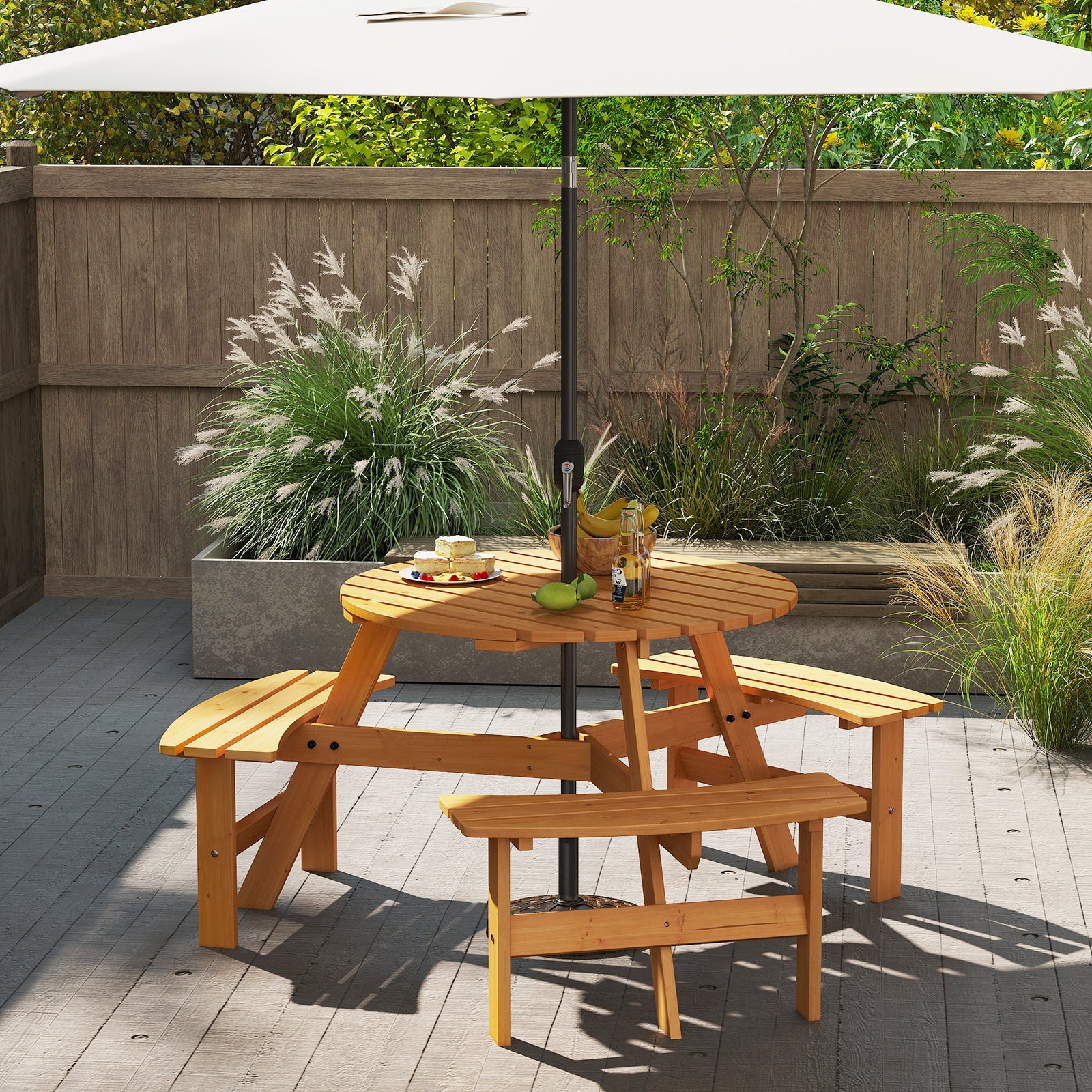 6-Person Round Picnic Table Set with 3 Built-in Benches and Umbrella Hole-Yellow