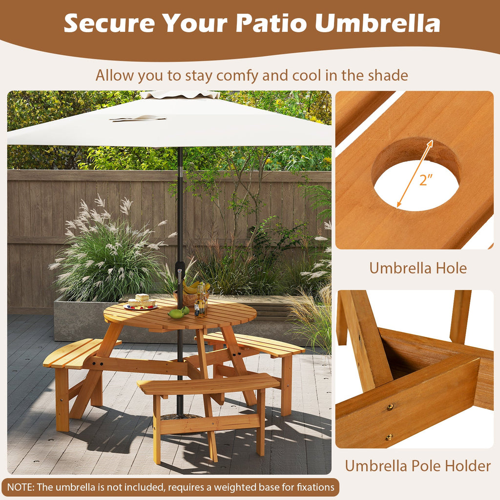 6-Person Round Picnic Table Set with 3 Built-in Benches and Umbrella Hole-Yellow
