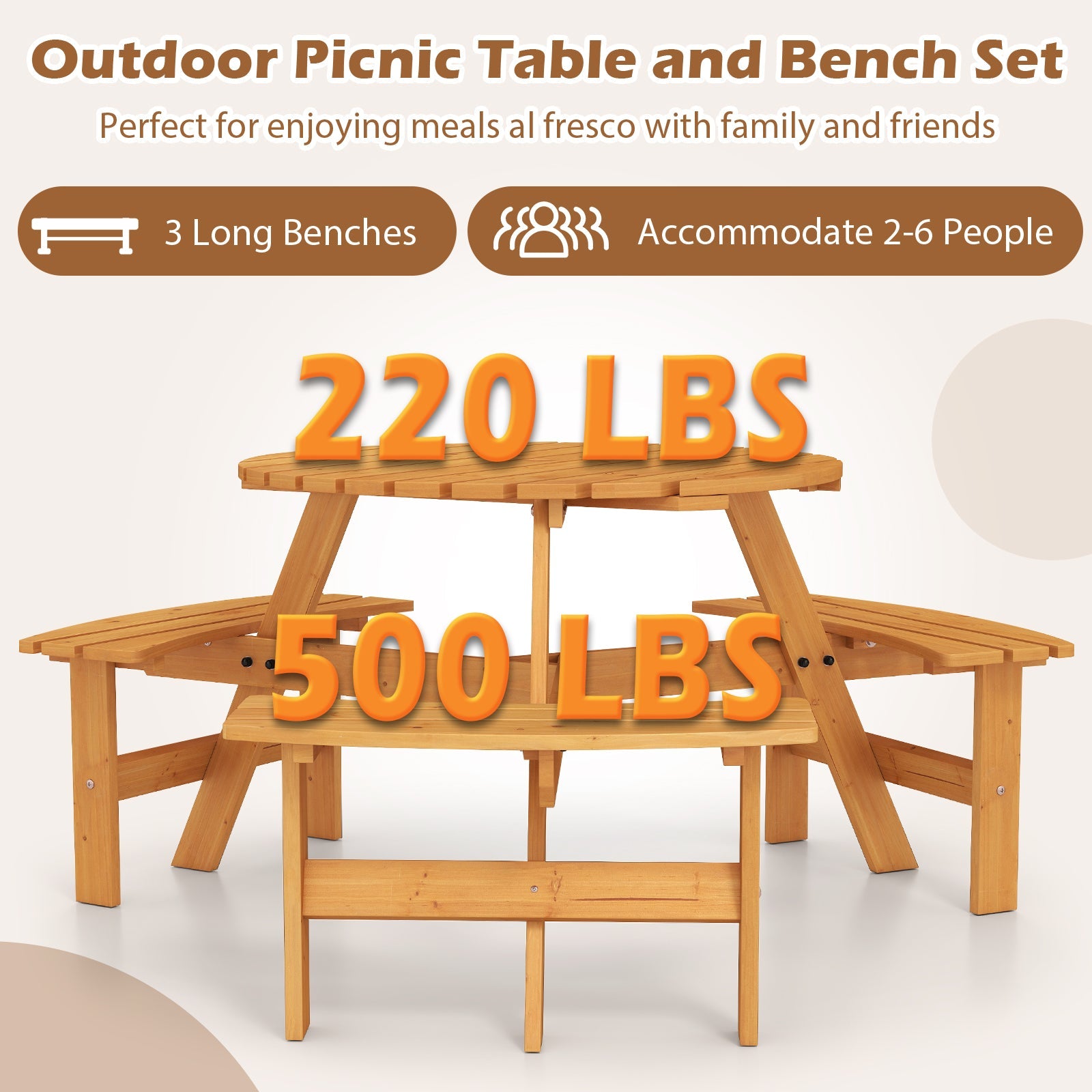 6-Person Round Picnic Table Set with 3 Built-in Benches and Umbrella Hole-Yellow