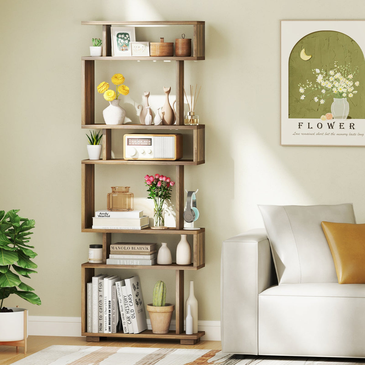 6-Tier Bookcase with Anti-Tipping Kit-Walnut