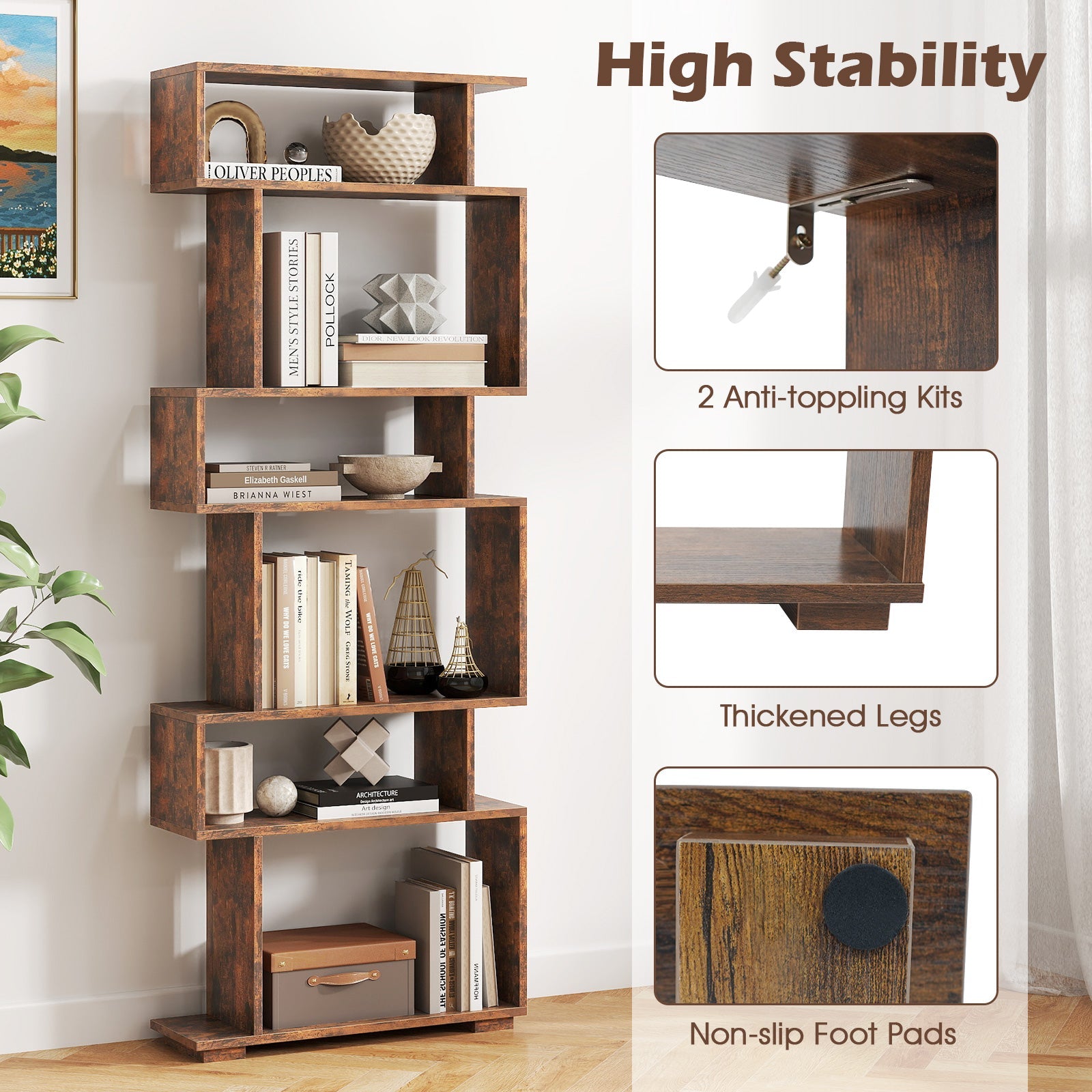 6-Tier Geometric Bookshelf with 2 Anti-Tipping Kits for Home Office-Brown