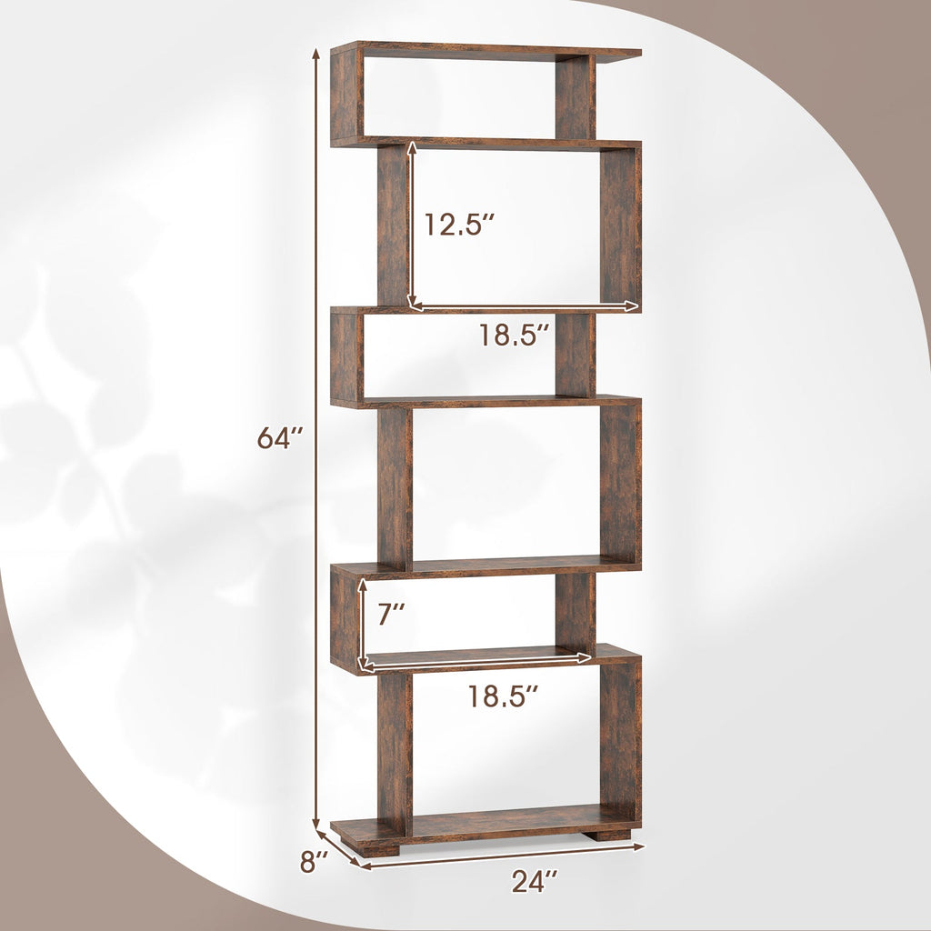 6-Tier Geometric Bookshelf with 2 Anti-Tipping Kits for Home Office-Brown