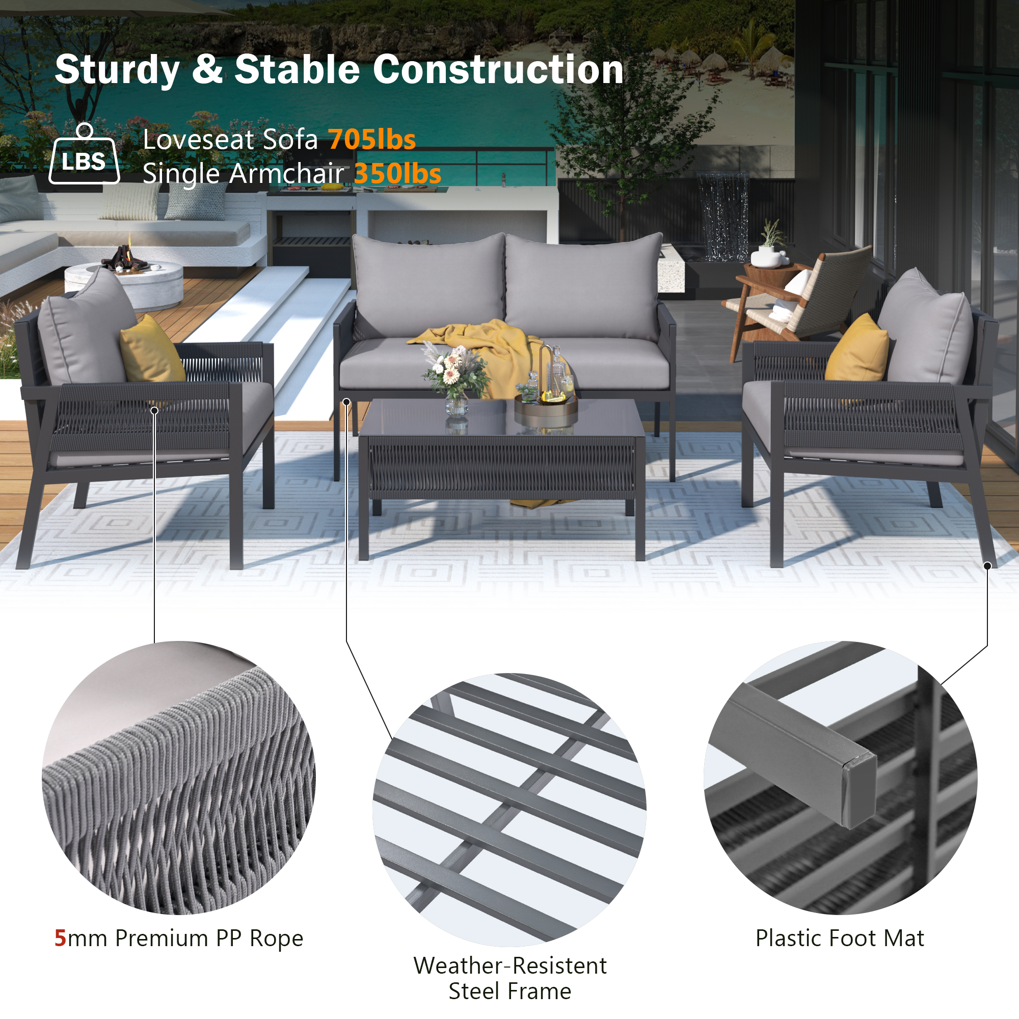 K&K 4-Piece Rope Patio Furniture Set