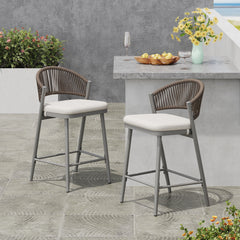 Outdoor 26' Counter Height Metal Frame Counter Stools with Scallop-shaped Backrest & Water-resistant Cushions, Set of