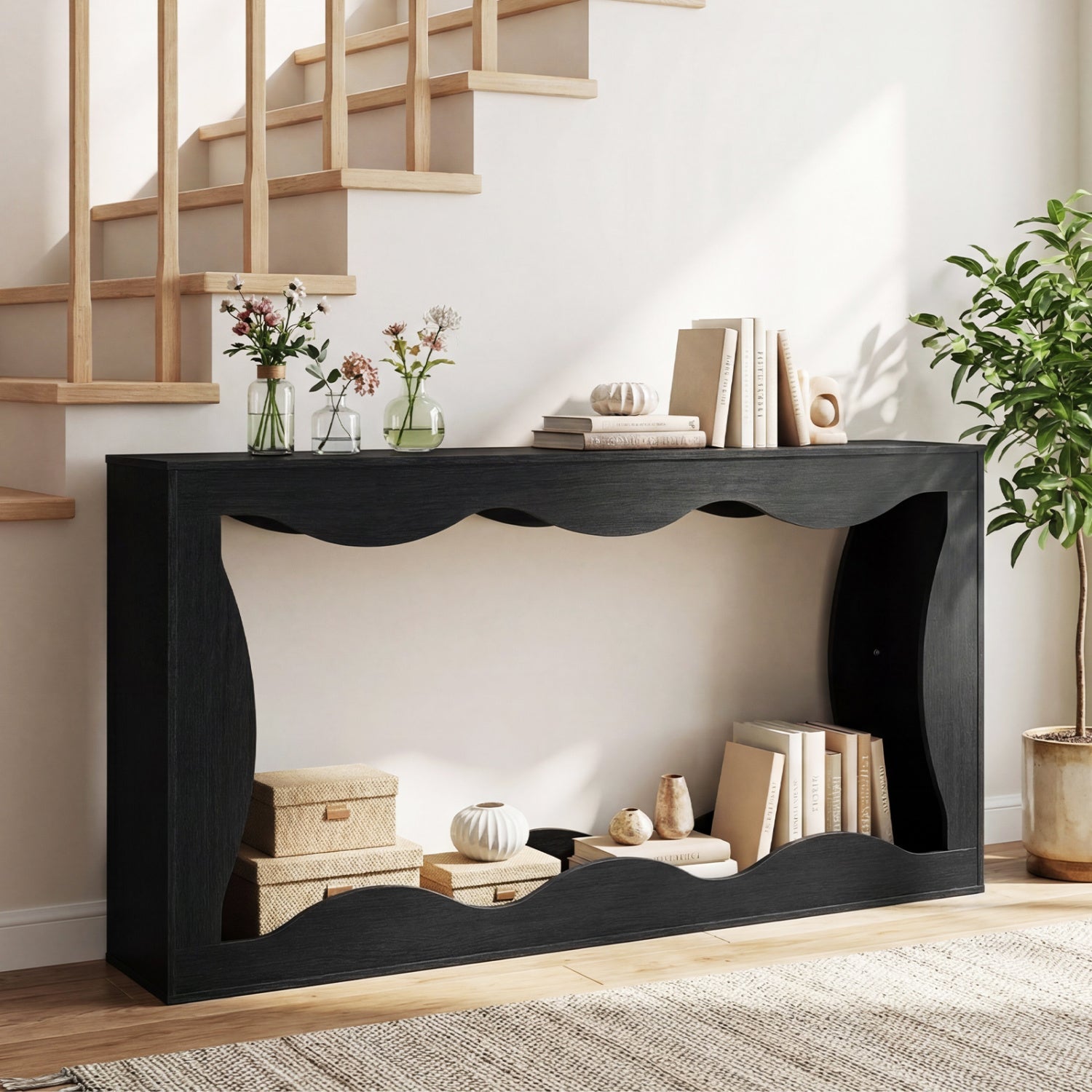 63 Inch Console Table 2-Tier Narrow Entryway Table with Wavy Edge Storage Shelf