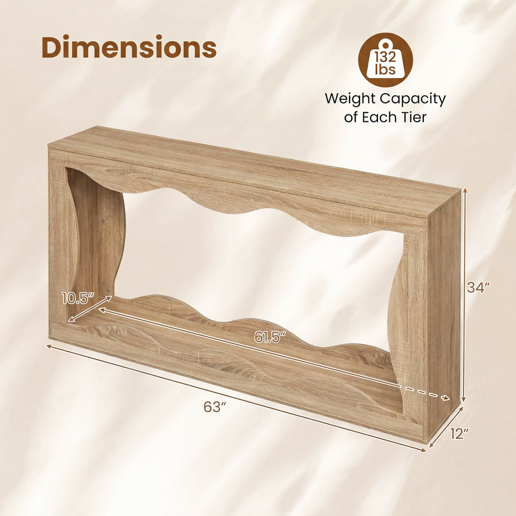 63 Inch Console Table 2-Tier Narrow Entryway Table with Wavy Edge Storage Shelf