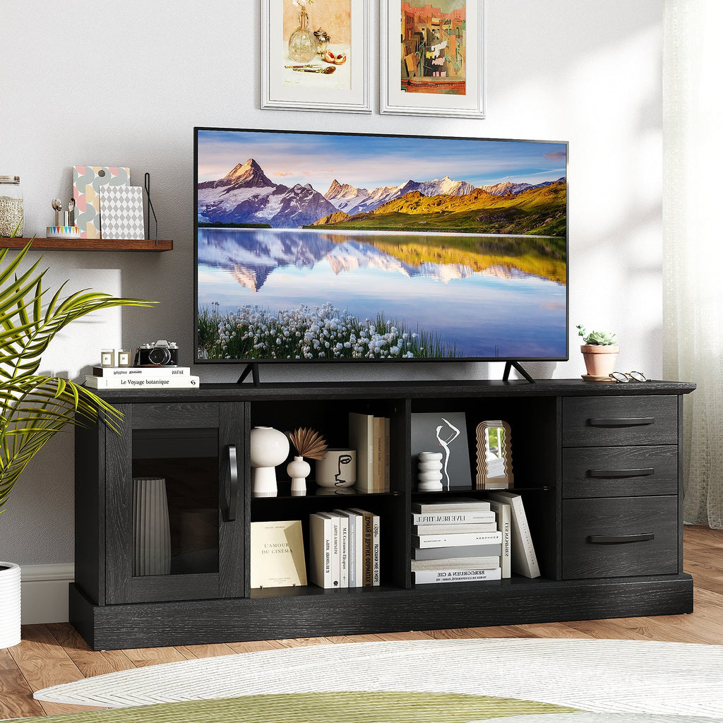 63 Inches Media Console Table with 3 Drawers and 2 Glass Shelves-Black