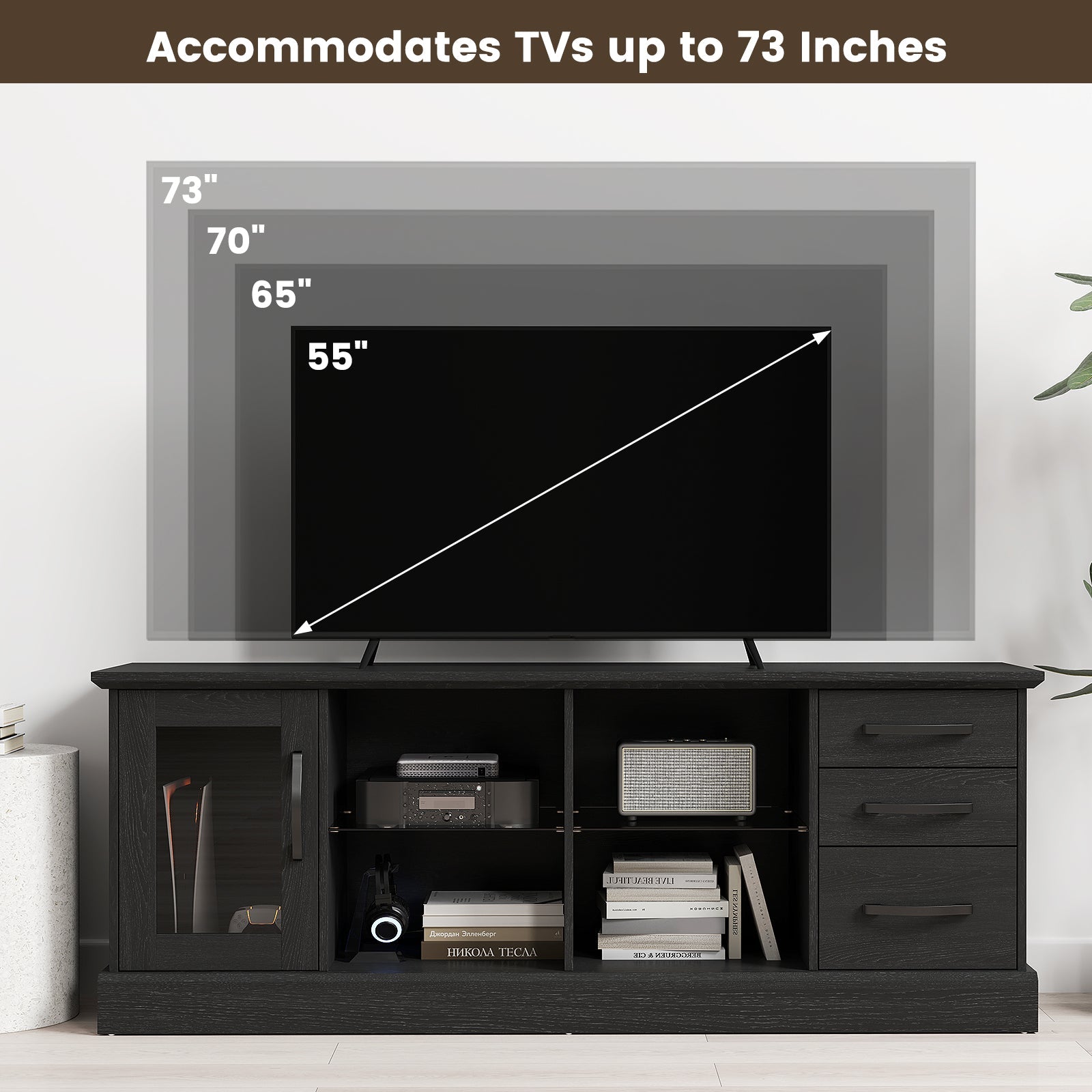 63 Inches Media Console Table with 3 Drawers and 2 Glass Shelves-Black