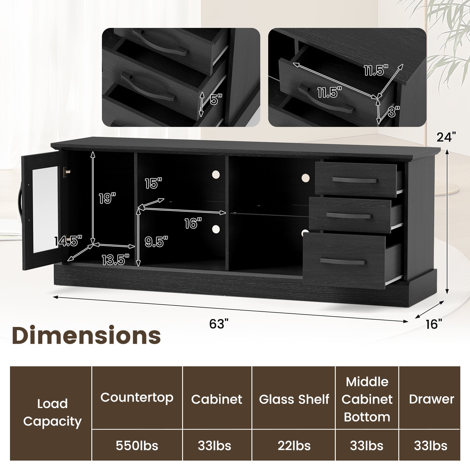 63 Inches Media Console Table with 3 Drawers and 2 Glass Shelves-Black