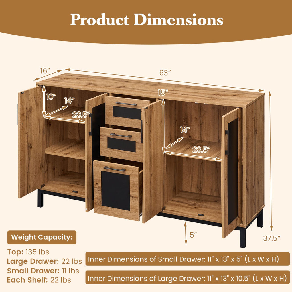 63" Sideboard Buffet Cabinet with 3 Drawers and Storage Shelves