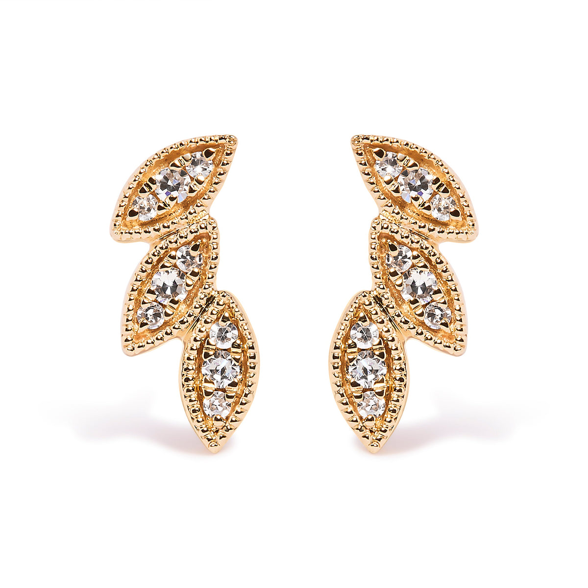 10K Yellow Gold 1/10 Cttw Diamond Triple Leaf Stud Earring (H-I Color, I1-I2 Clarity)