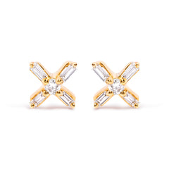 10K Yellow Gold 1/10 Cttw Round and Baguette Diamond Criss Cross X Stud Earring (H-I Color, I1-I2 Clarity)
