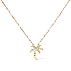 10K Yellow Gold 1/10 Cttw Round Diamond Palm Tree 18" Inch Pendant Necklace (H-I Color, I1-I2 Clarity)