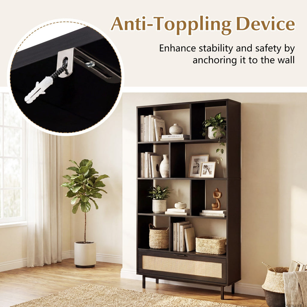 64-Inch Tall Wooden Bookcase with 8 Cubes and Drawer