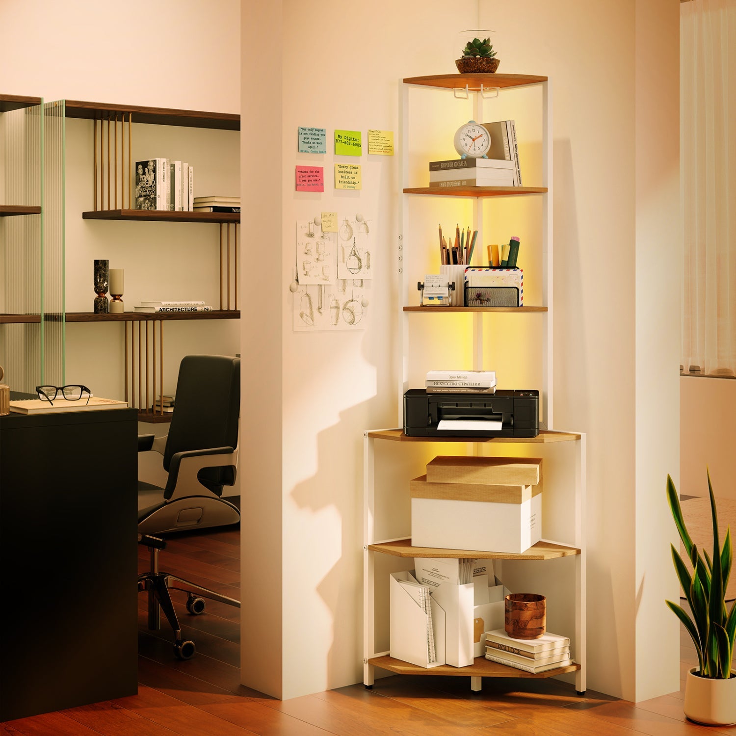 65 Inch 6-Tier Corner Shelf with Charging Station and Ambience Light