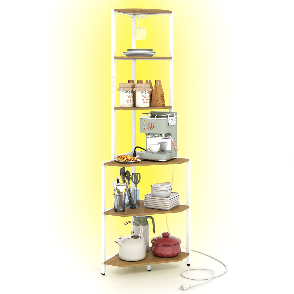 65 Inch 6-Tier Corner Shelf with Charging Station and Ambience Light