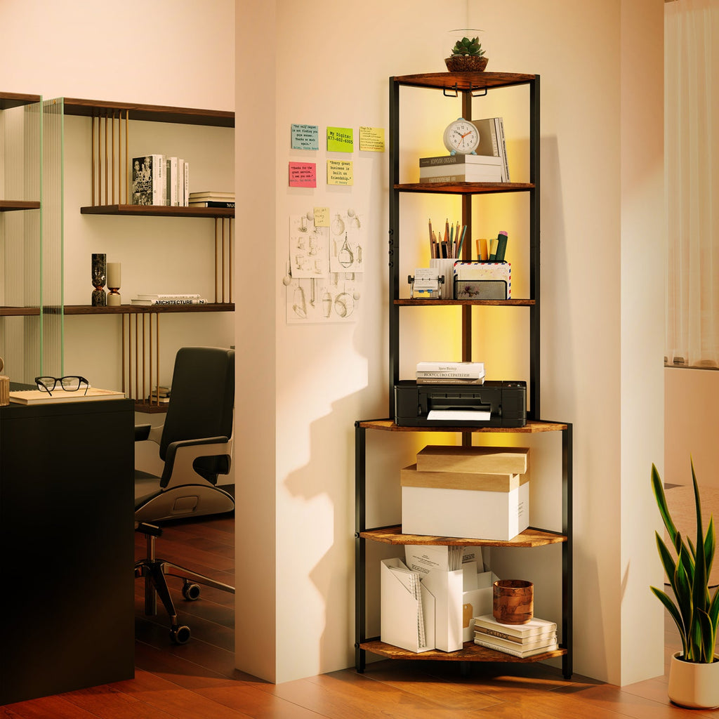 65 Inch 6-Tier Corner Shelf with Charging Station and Ambience Light