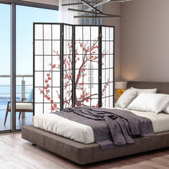 6 Feet Folding Decorative Oriental Privacy Screen with Plum Blossom Design-White