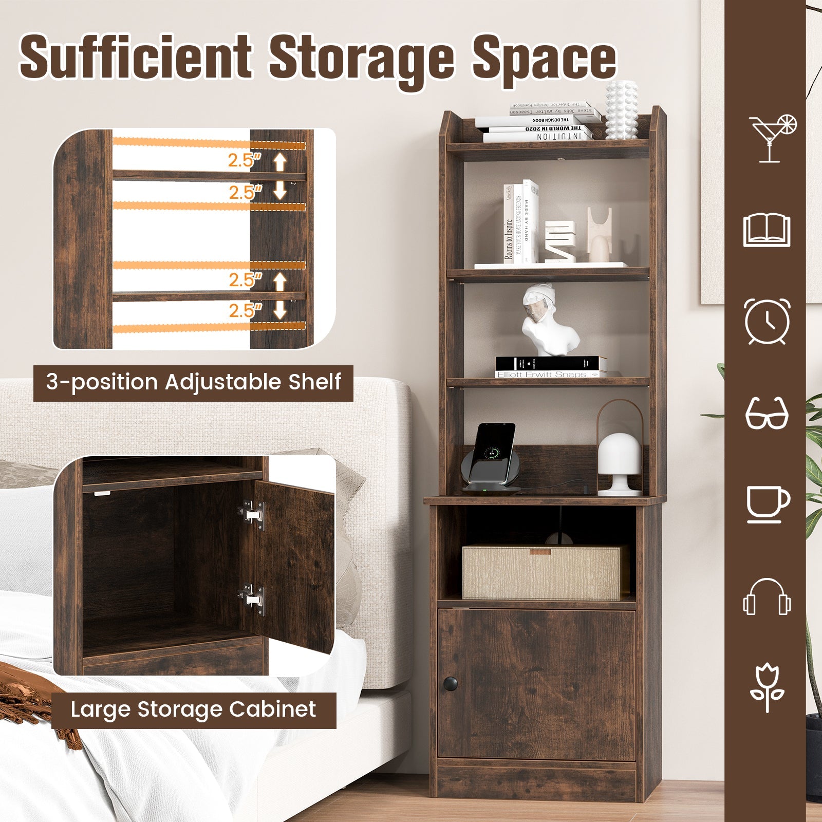 6-Tier Bookshelf Nightstand with Charging Station and Cabinet-Rustic Brown