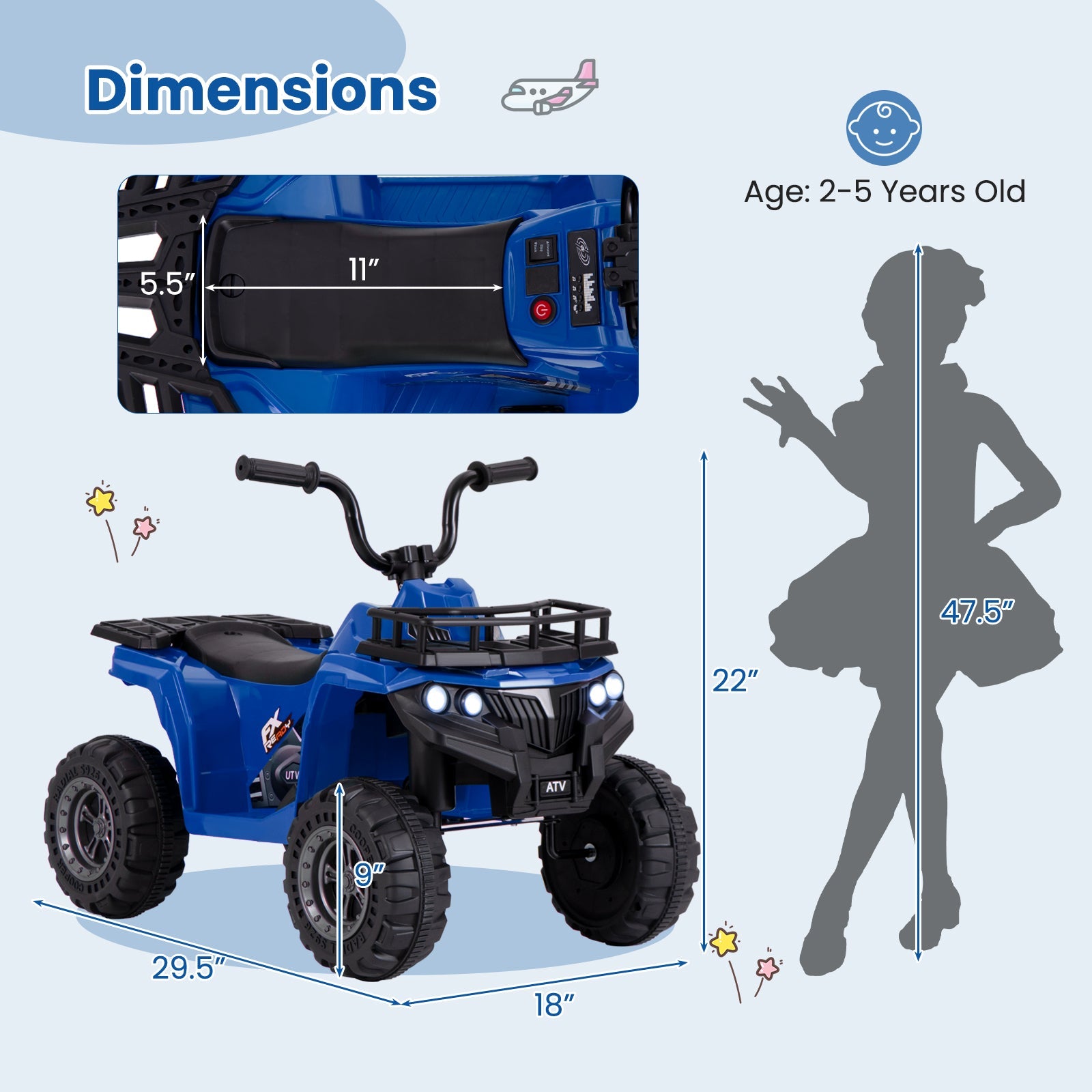 6V Kids Ride On Electric ATV with LED Headlights and MP3 Player-Blue