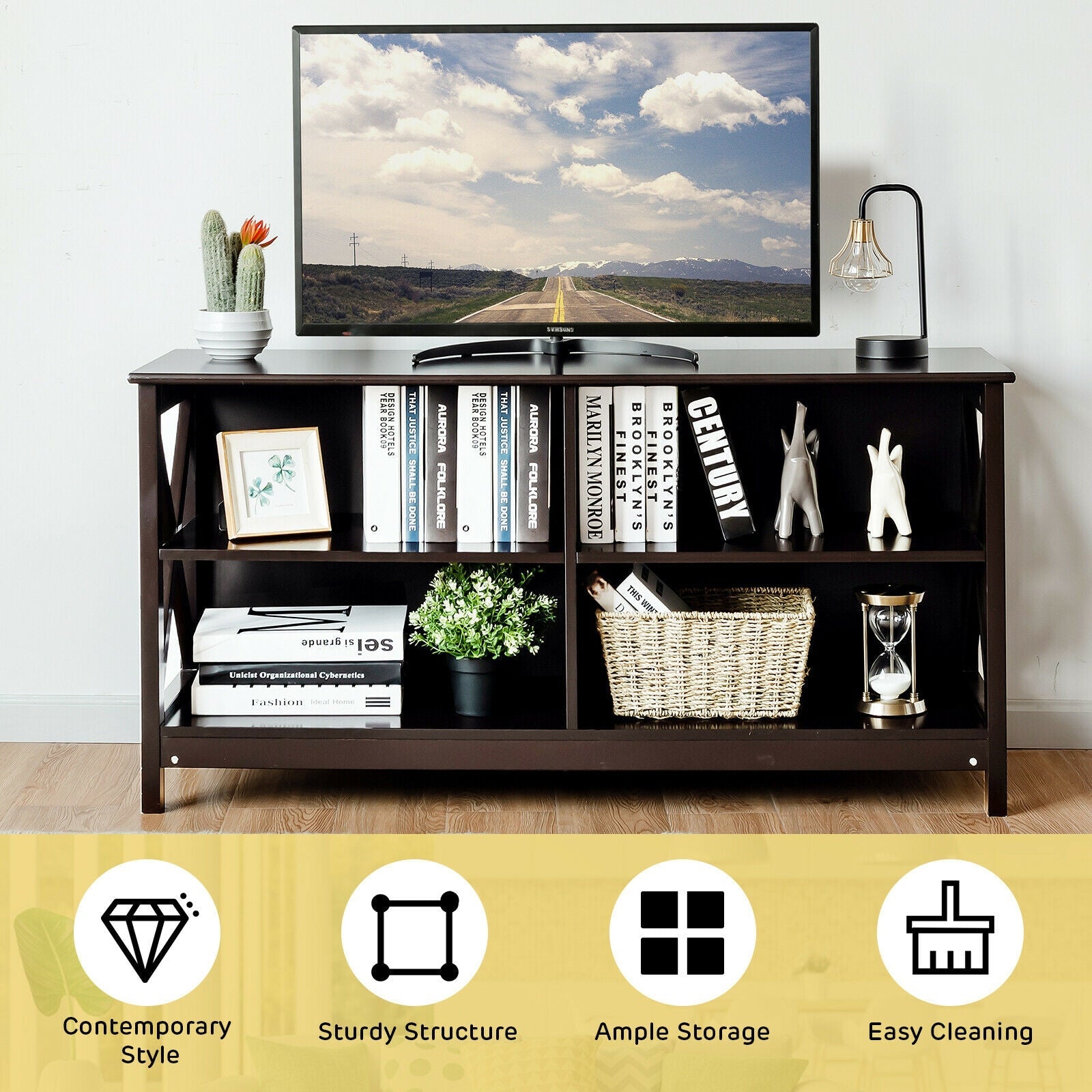 Wooden TV Stand Entertainment for TVs up to 55 Inch with X-Shaped Frame