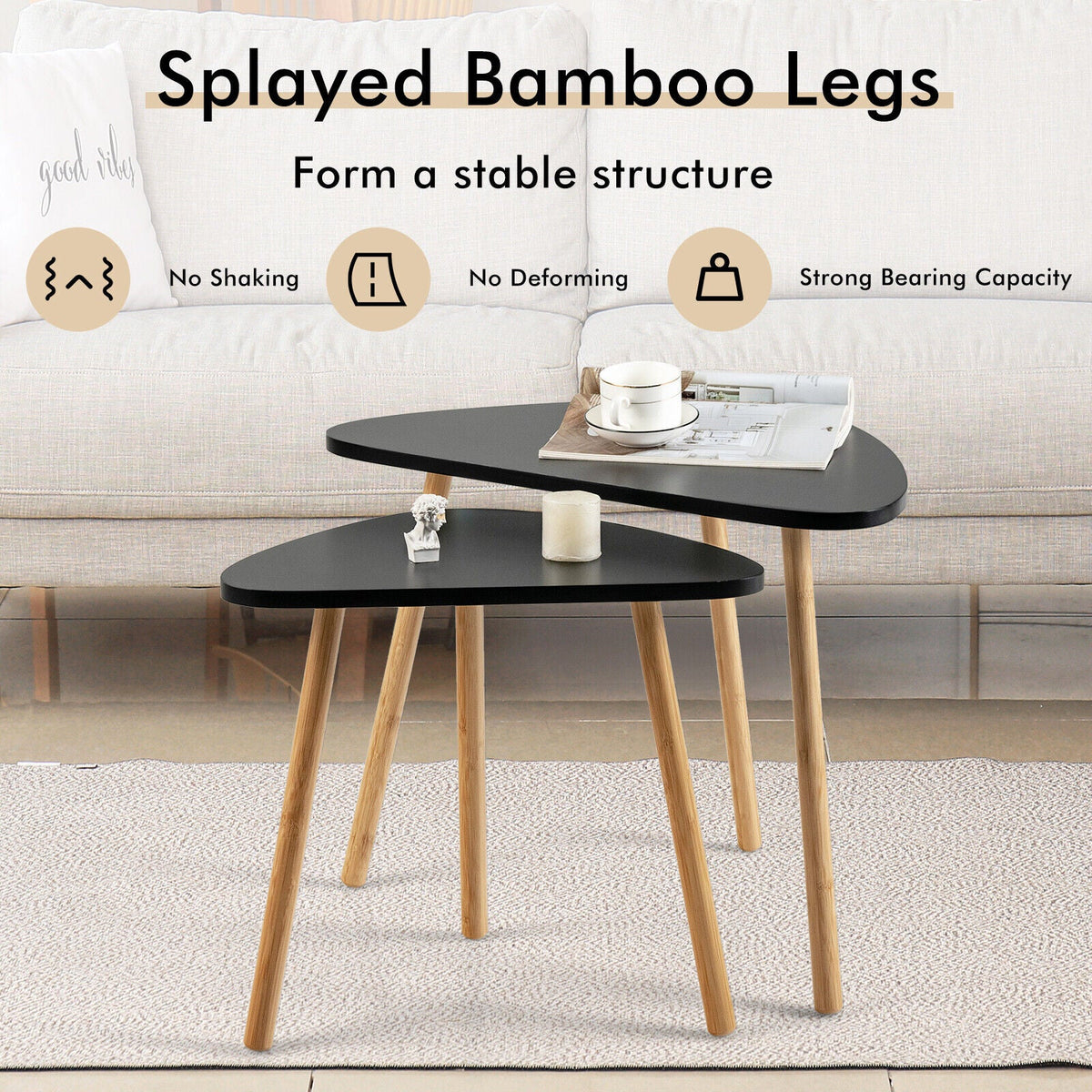 Set of 2 Modern Nesting Coffee Tables Triangular Tabletop Bamboo Legs