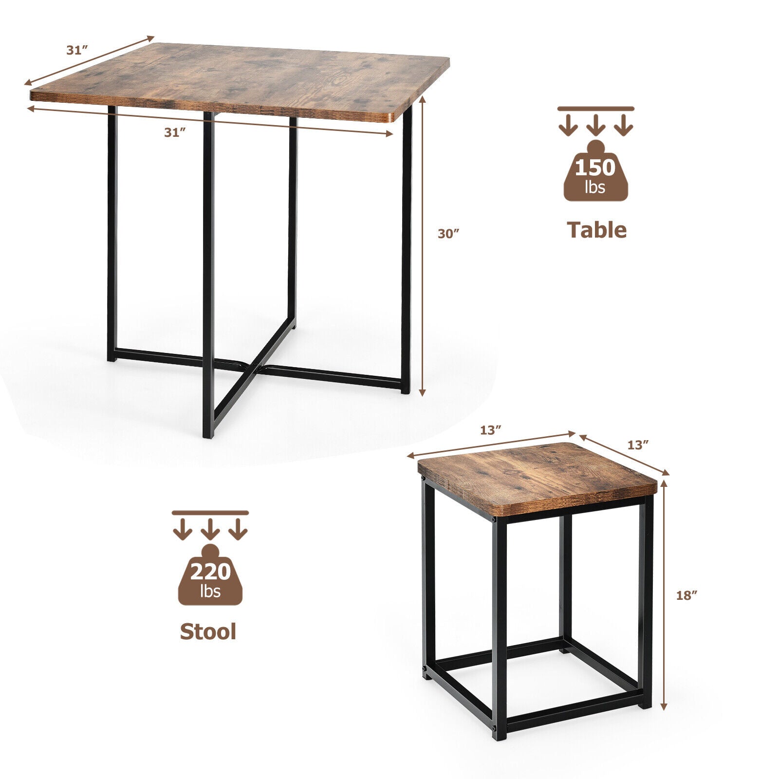 5 Pieces Metal Frame Dining Set with Compact Dining Table and 4 Stools-Walnut