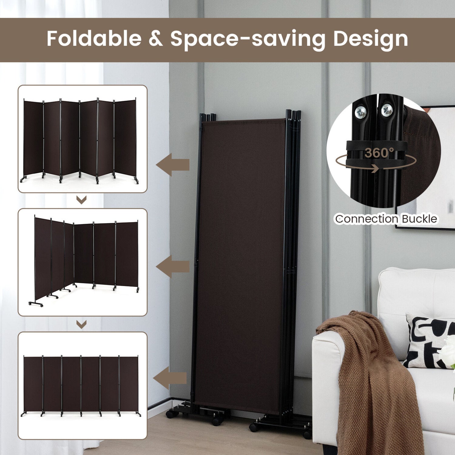 6 Panel Rolling Room Divider on Wheels - 5.7 Feet Tall