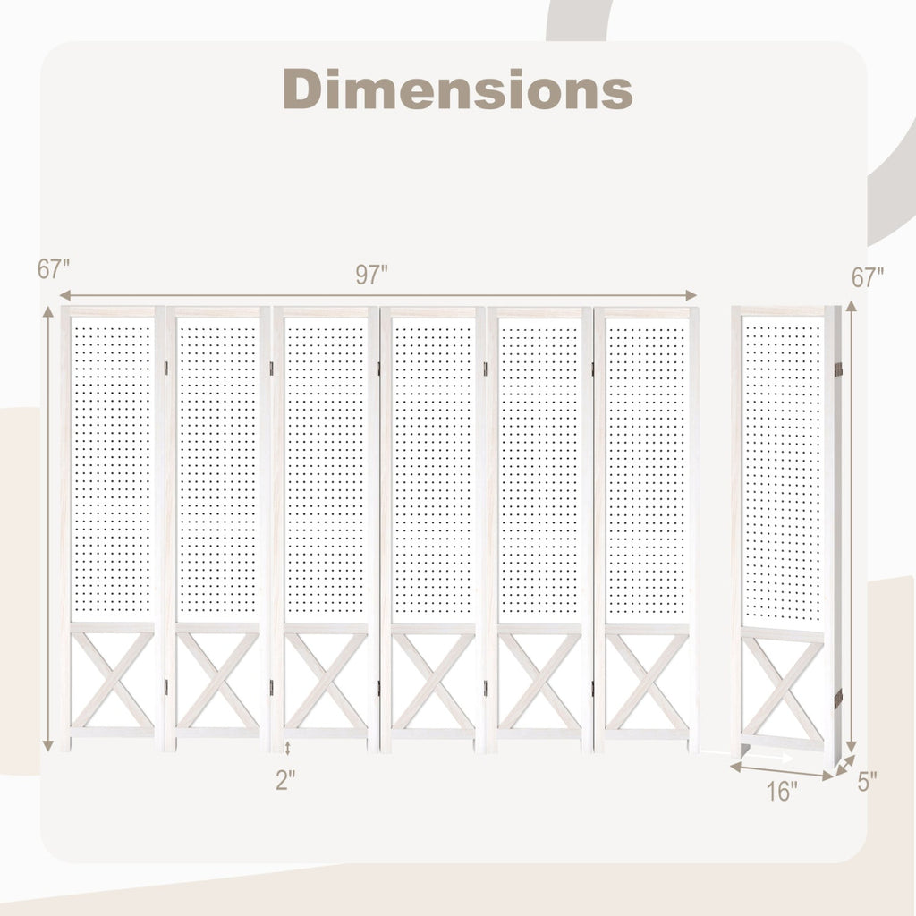 6-Panel Pegboard Room Divider 67 Inches Tall Foldable Privacy Screen