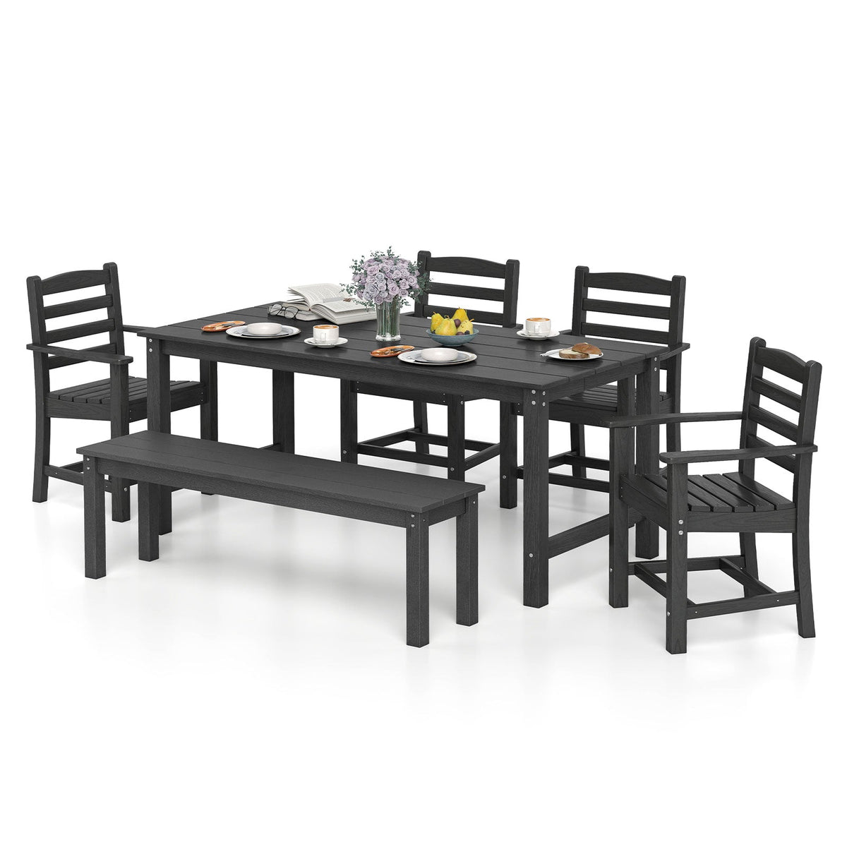 6 Pieces Patio Dining Bench Set Outdoor HDPE Weather Resistant Table and Chairs Set