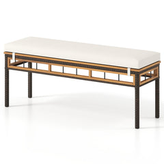 Wicker Patio Bench for 2 People 48invh Long Backless Dining Bench with Acacia Wood Seat-White