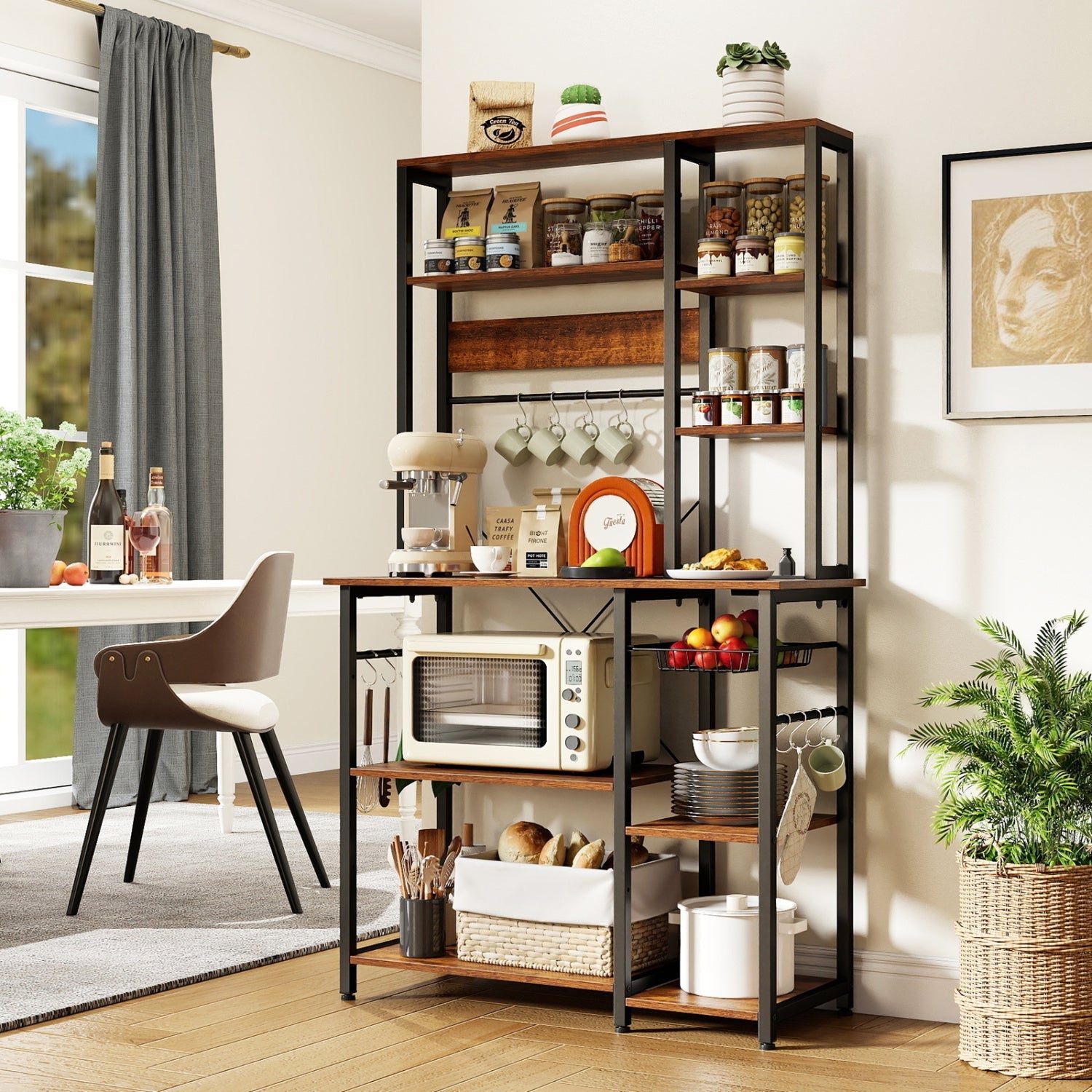 6-Tier Bakers Rack with Power Outlet Stand Wooden Open Shelves