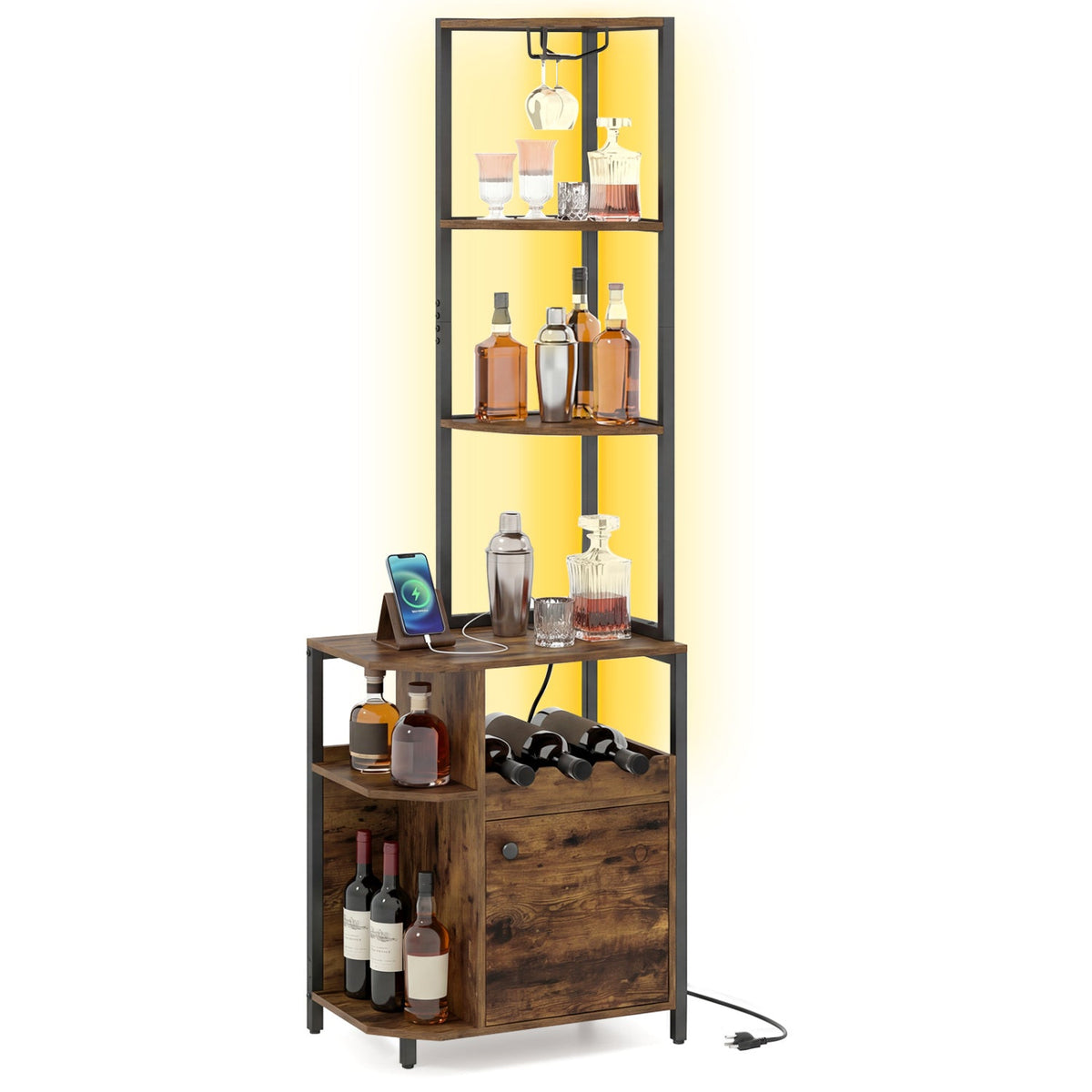 6-Tier Corner Bar Cabinet with LED Lights and Charging Station for Kitchen-Rustic Brown