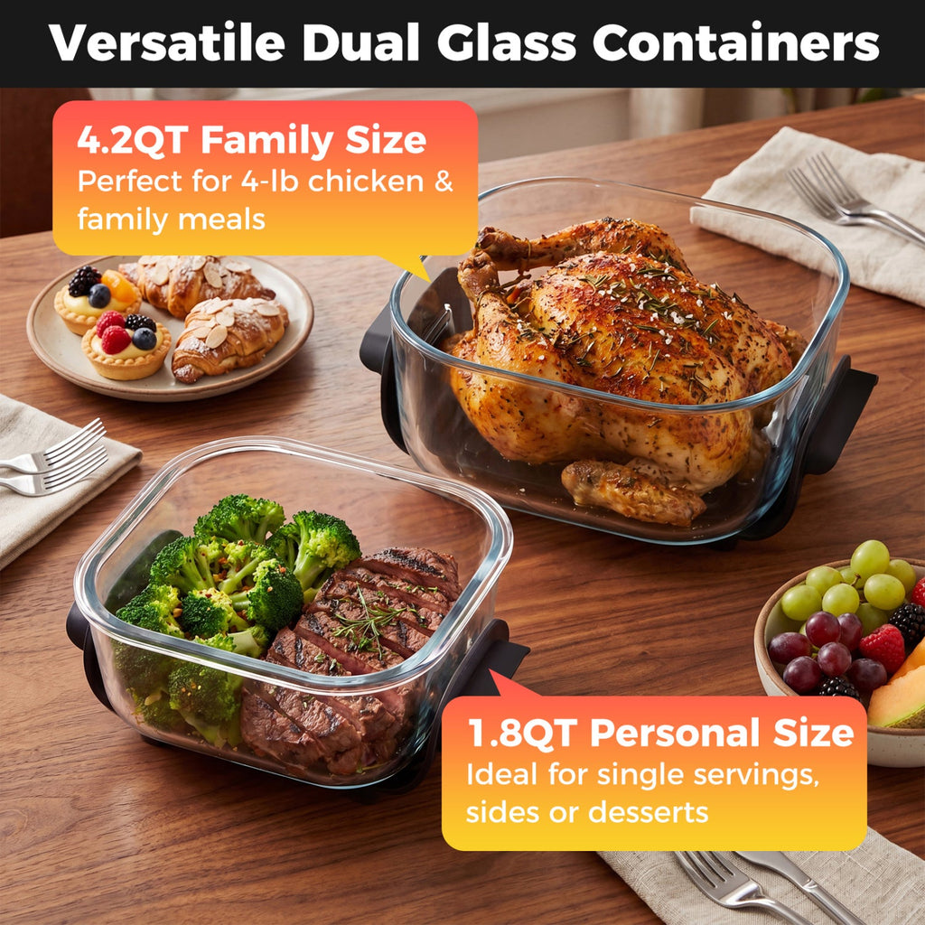 6-in-1 Portable Glass Air Fryer 1500W Dual Containers with Lids Dishwasher Safe